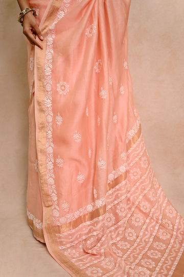 Peach Chanderi Chikankari Saree with Zari Border