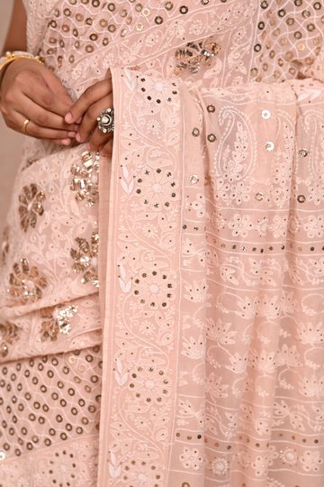 Peach Georgette Chikankari saree