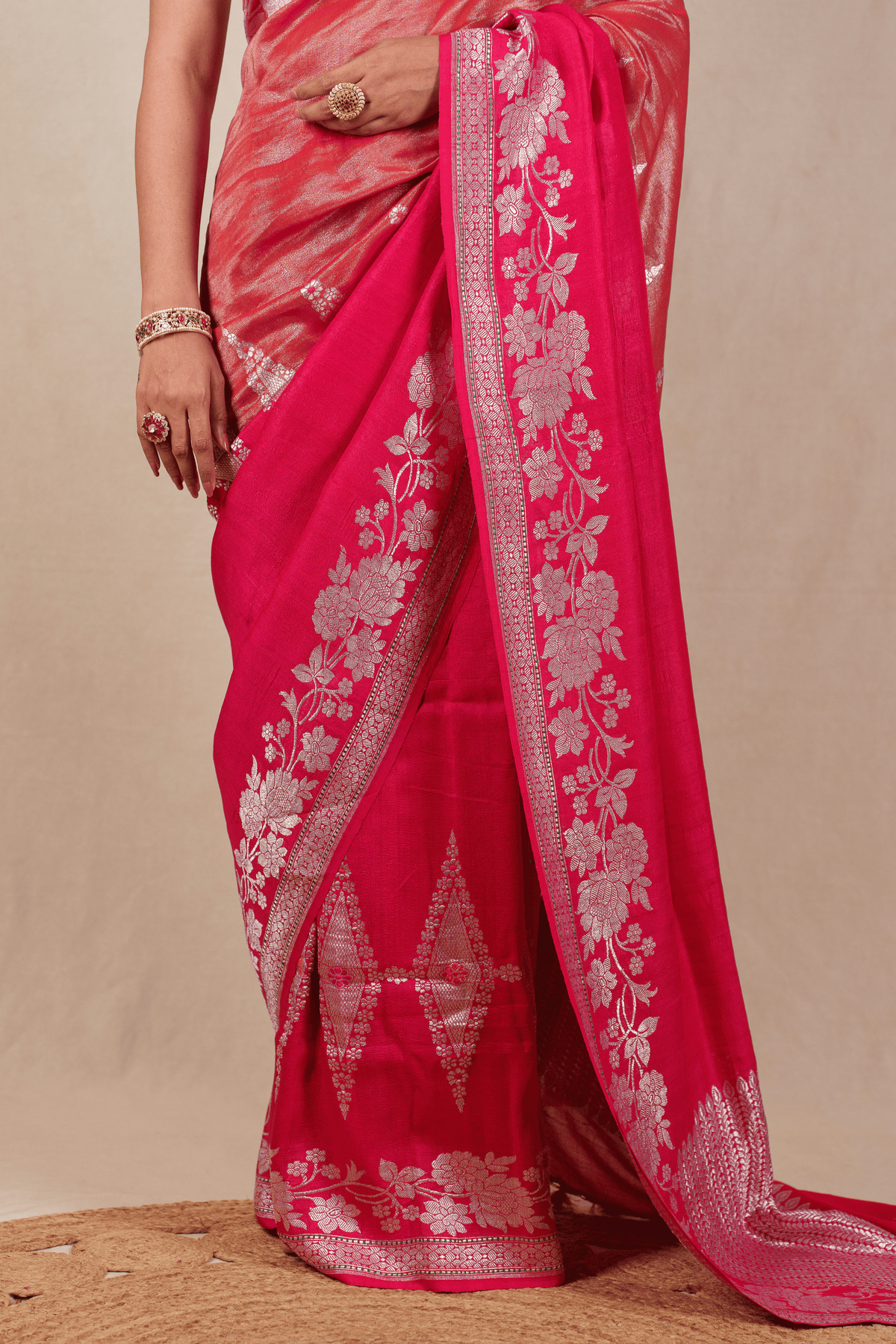 Barberry Red Tissue and Moonga Tussar Silk Banarasi Saree