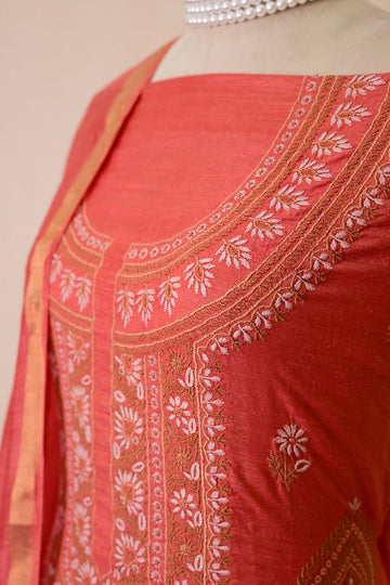 Coral Red Moonga Silk Chikankari Suit