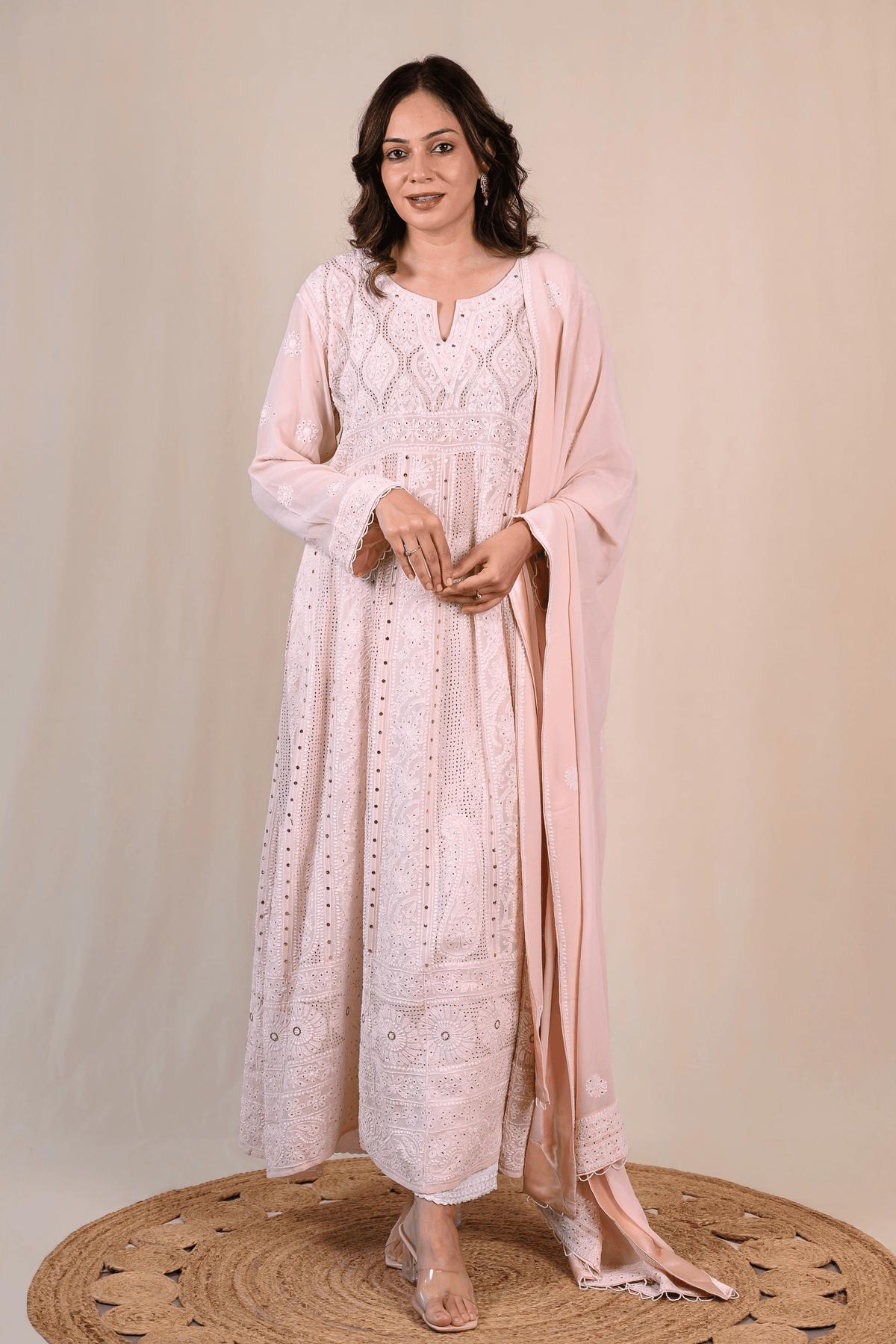 Light Rose Pink Georgette Chikankari Anarkali