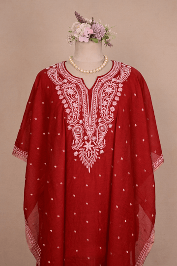 Brick Red Banarasi Chanderi Chikankari Kaftan