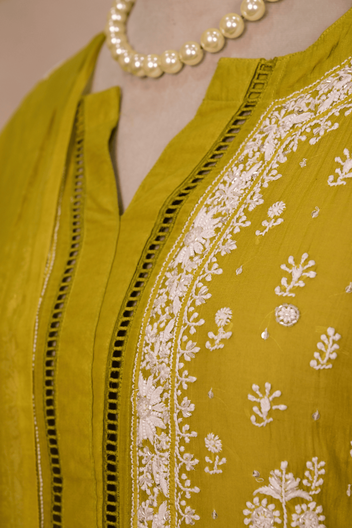 Parrot Green Mul Chanderi Chikankari Suit