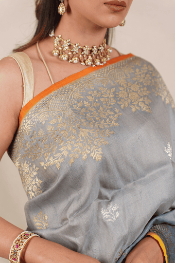 Ombre Grey Tussar Georgette Banarasi Saree
