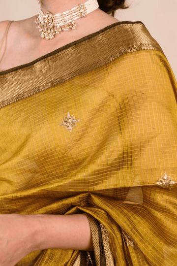 Warm Ochre Maheshwari Silk Zardozi Saree