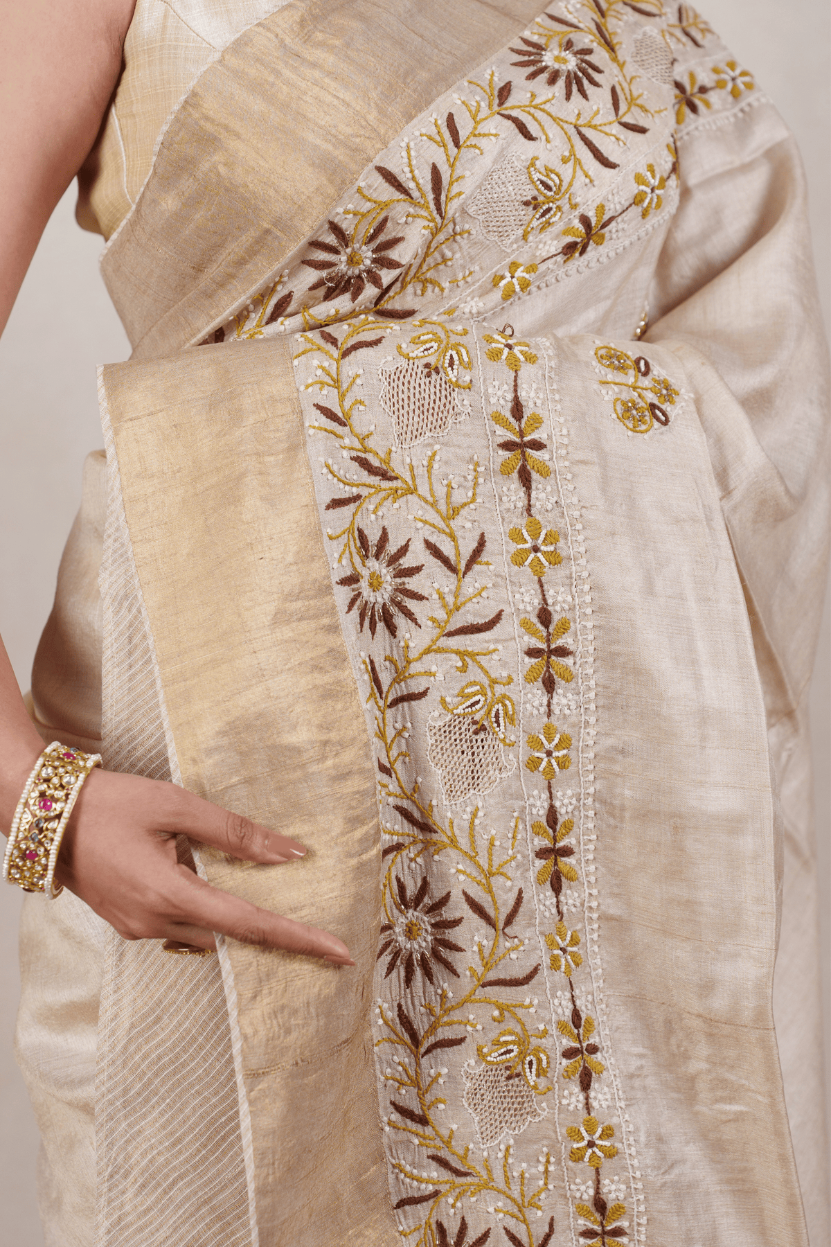 Beige Moonga Tussar Chikankari Saree