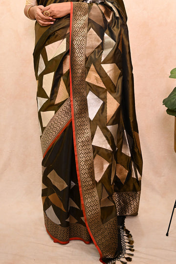 Designer Katan Silk Saree with Copper-Silver Zari Border