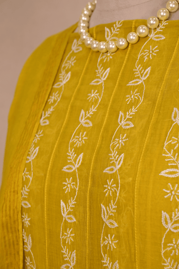 Olive Yellow Mul Chanderi Chikankari Anarkali