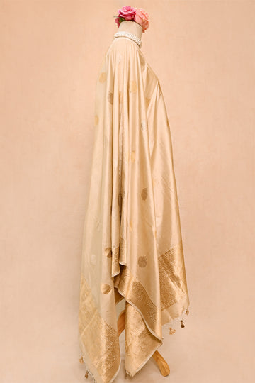 Beige Katan Silk Banarasi Dupatta with Banarasi Motifs