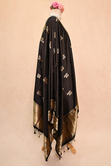 Black Katan Silk Banarasi Dupatta with Double Zari Butta