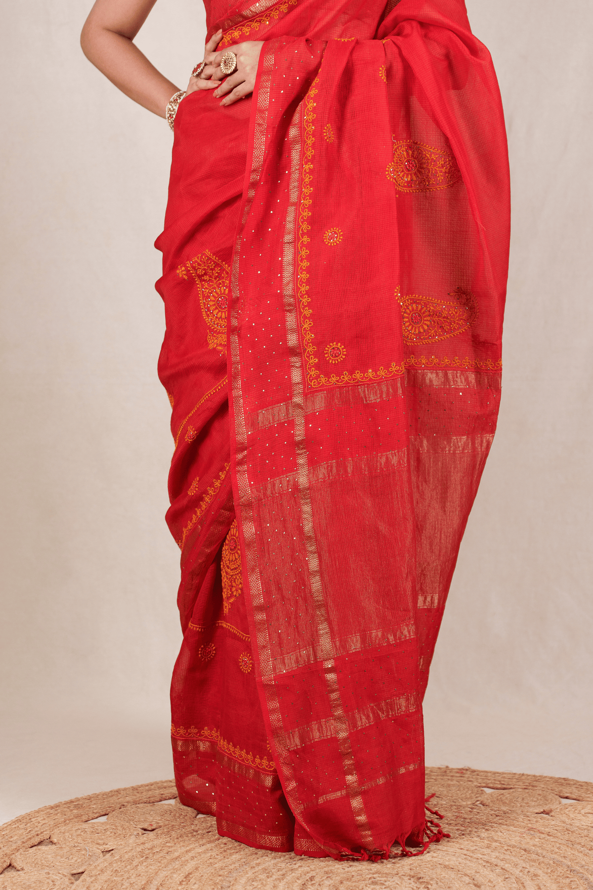 Vermilion Red Maheshwari Silk Chikankari Saree
