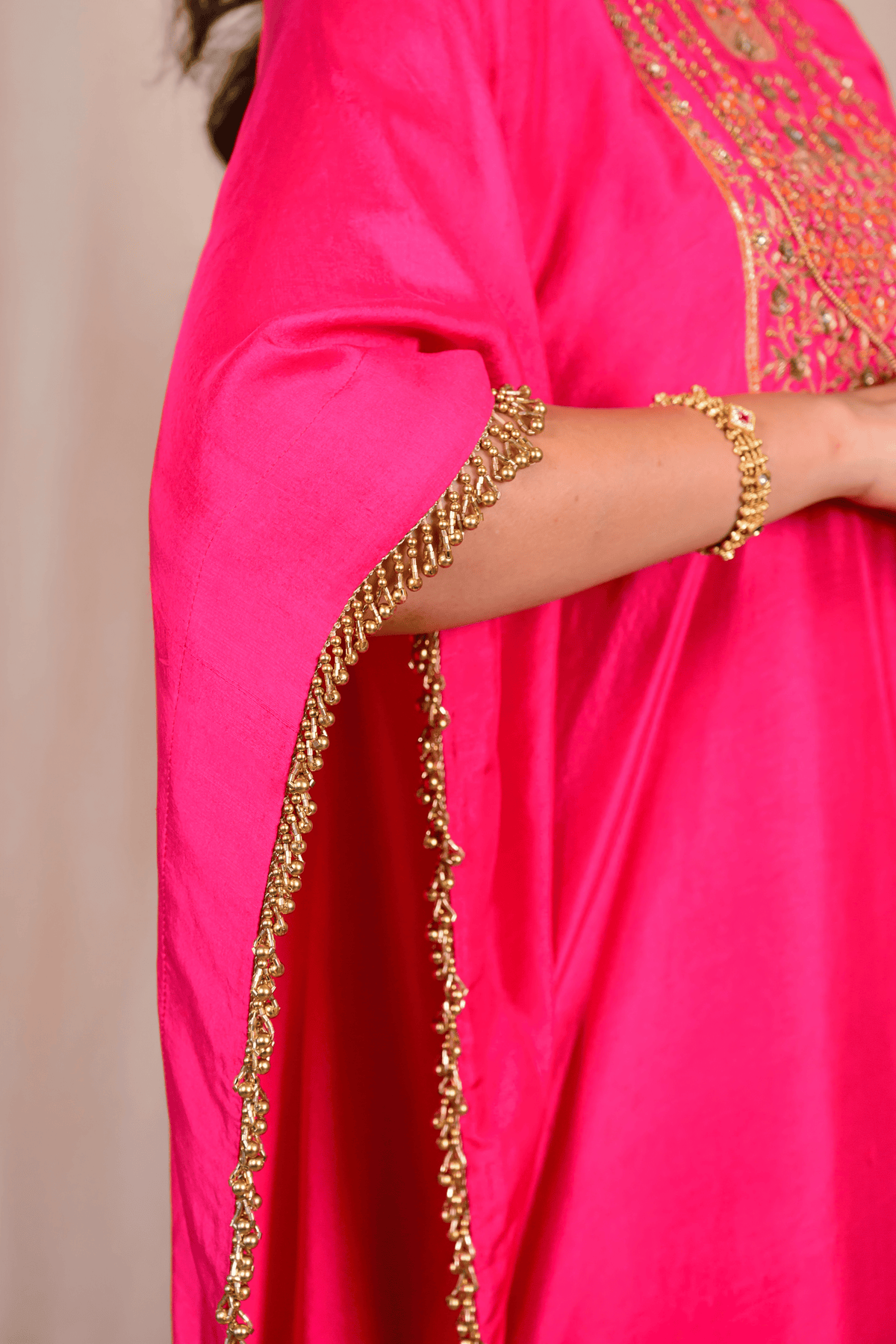Bright Pink Dupion Silk Zardozi Kaftan