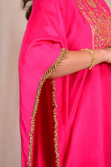 Bright Pink Dupion Silk Zardozi Kaftan