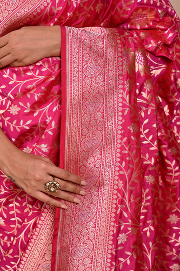 Hot Pink Katan Silk Rupa Sona Banarasi saree