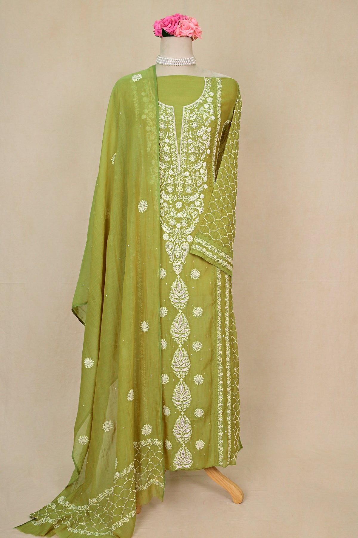 Olive Chanderi Chikankari Suit
