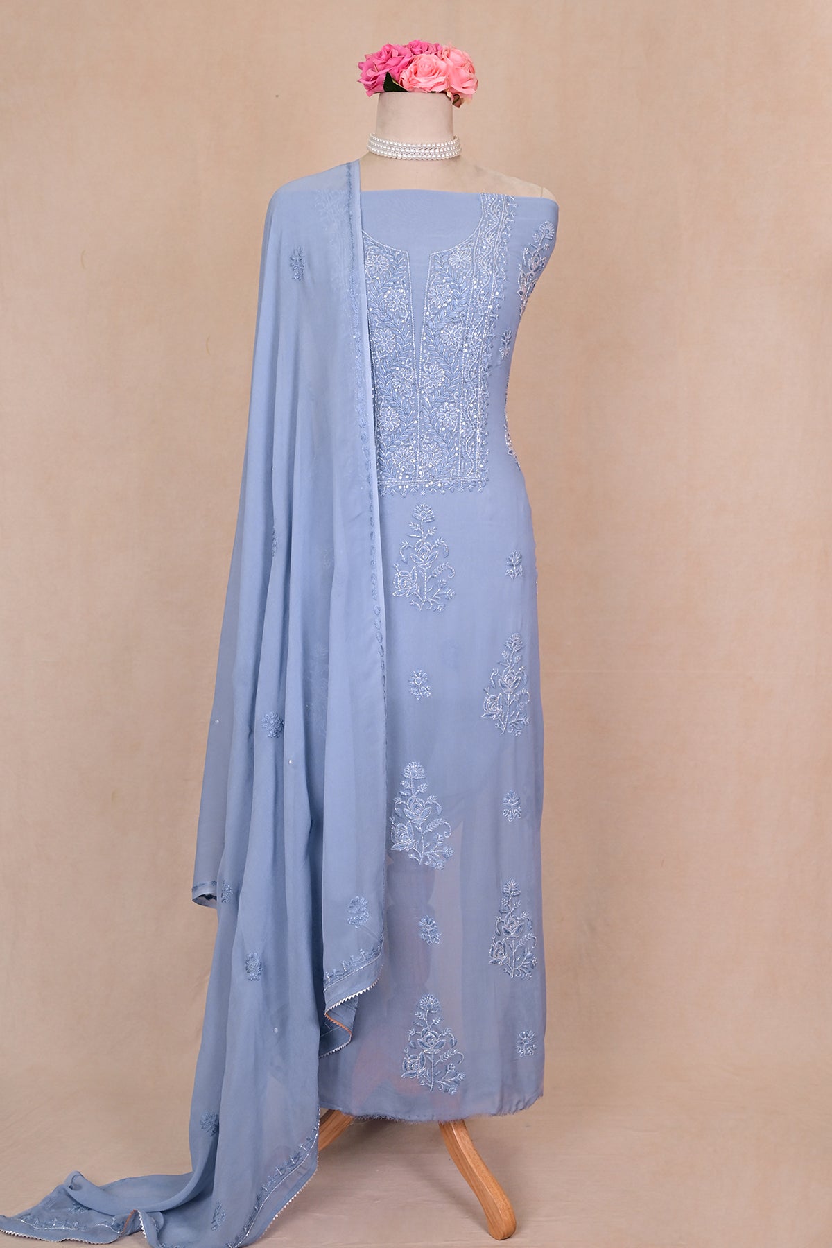 Blue Gray Viscose Georgette Chikankari Suit