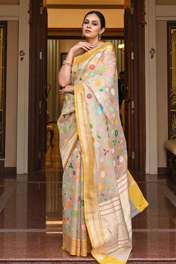 Organza Silk Banarasi Saree with Colorful Floral Motifs