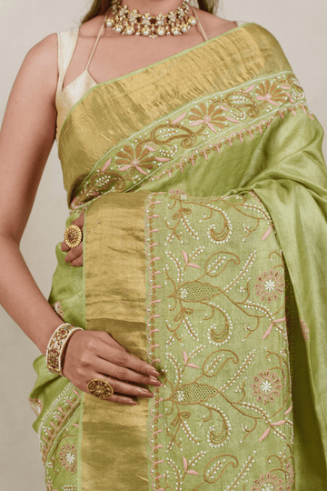 Grass Green Moonga Tussar Chikankari Saree