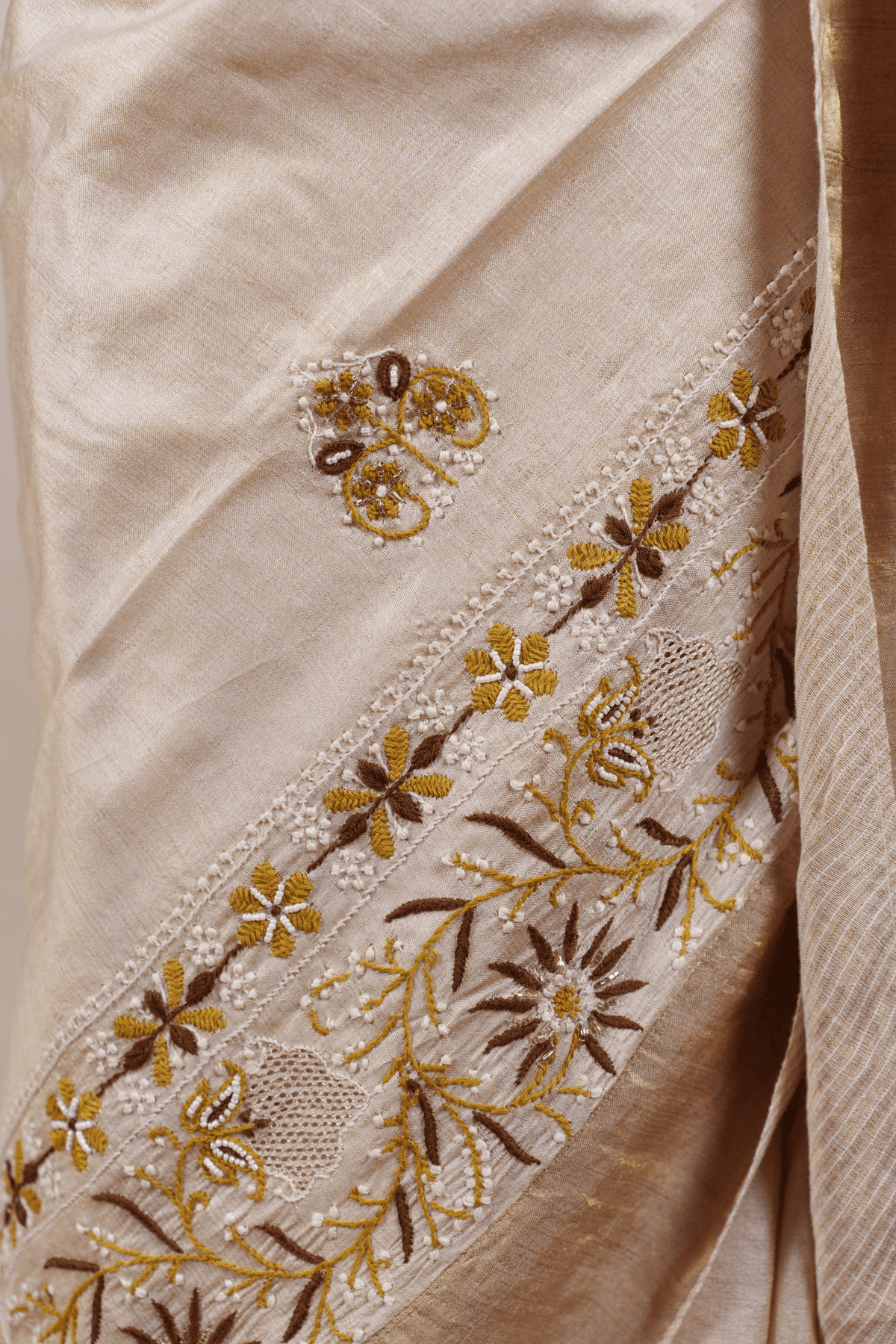 Beige Moonga Tussar Chikankari Saree