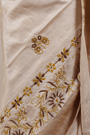 Beige Moonga Tussar Chikankari Saree