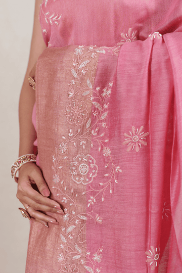 Rose Pink Moonga Chikankari Saree