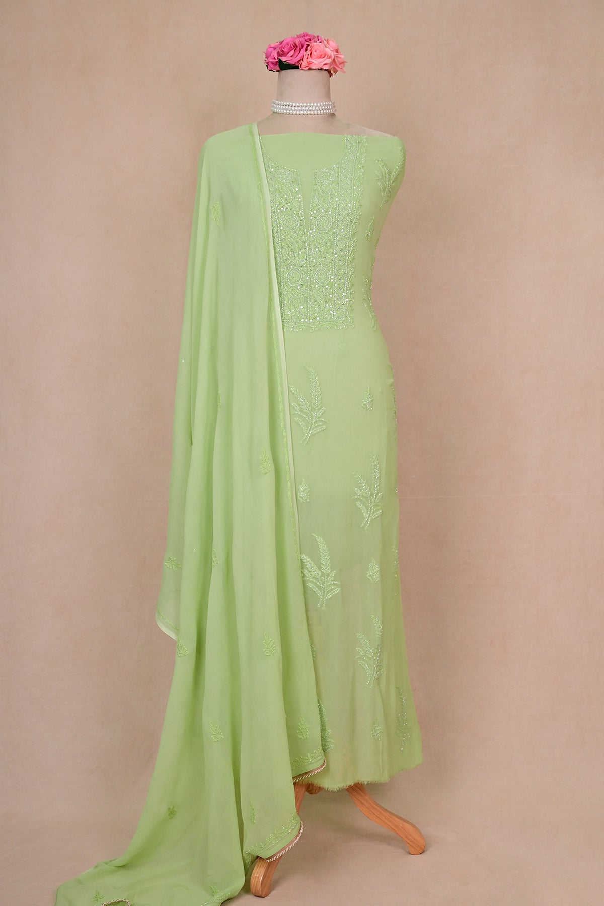 Light Green Viscose Georgette Chikankari Suit