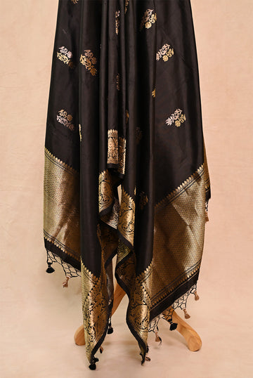 Black Katan Silk Banarasi Dupatta with Double Zari Butta