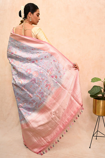 Ektara Tissue Banarasi Silk Saree with Jamdani Tilfi Motifs & Silver-Resham Tassels