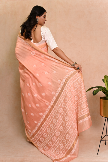 Peach Chanderi Chikankari Saree with Zari Border