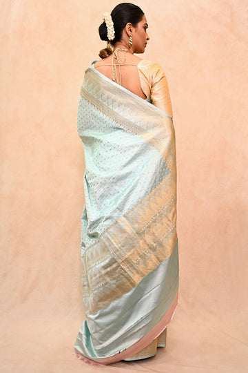 Handwoven Turquoise Blue Mushru Charmeuse Satin Saree with Zari & Resham Motifs