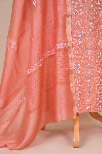 Coral Pink Moonga Silk Chikankari Suit