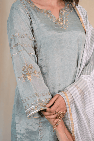Pearl Blue Tissue Chanderi Zardozi Suit