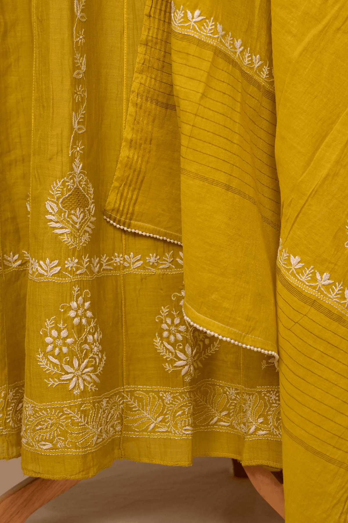 Olive Yellow Mul Chanderi Chikankari Anarkali