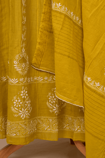 Olive Yellow Mul Chanderi Chikankari Anarkali
