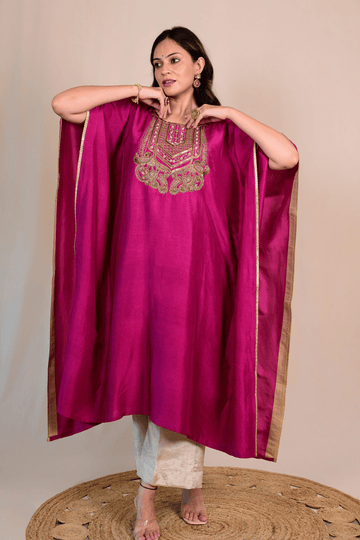 Dark Magenta Dupion Silk Zardozi Kaftan