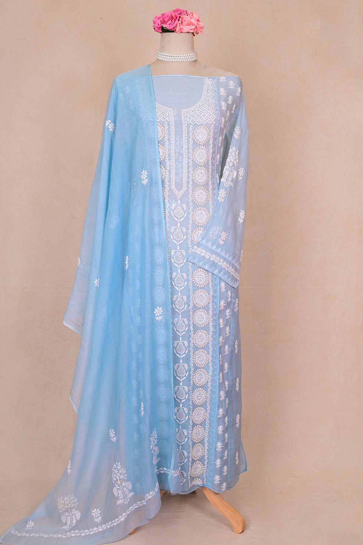 Steel Blue Ombre  Chanderi Chikankari Suit