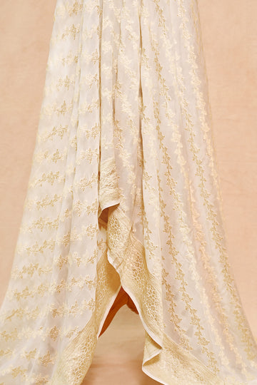 Off White Khaddi Georgette Banarasi Dupatta with Floral Stripes