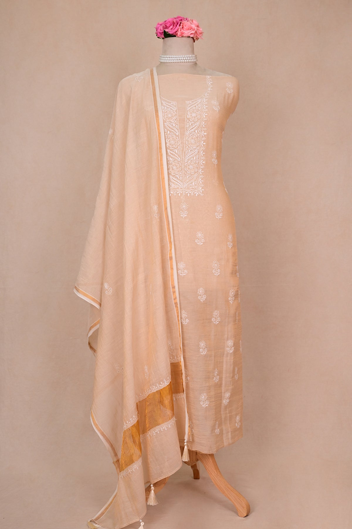 Beige Tissue Chanderi Chikankari Suit