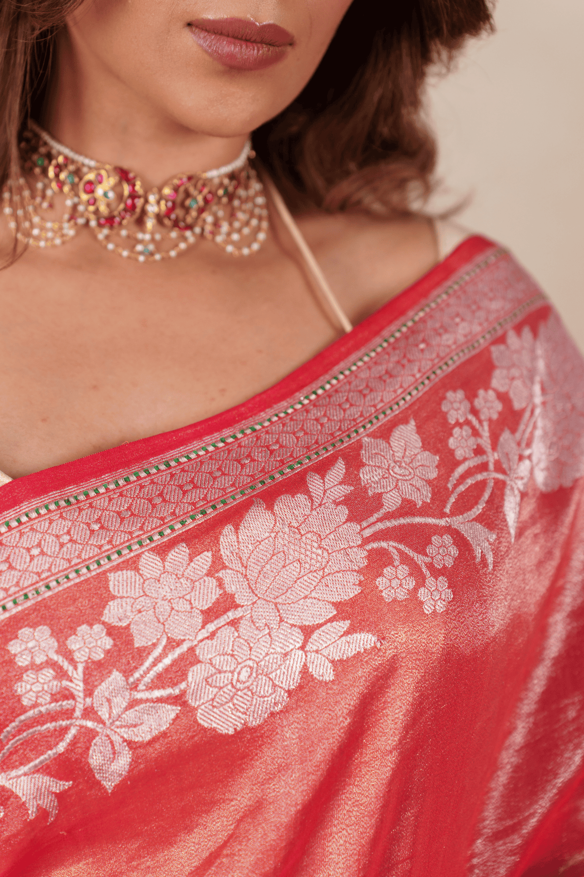 Barberry Red Tissue and Moonga Tussar Silk Banarasi Saree