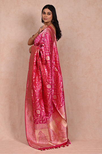 Hot Pink Katan Silk Rupa Sona Banarasi saree