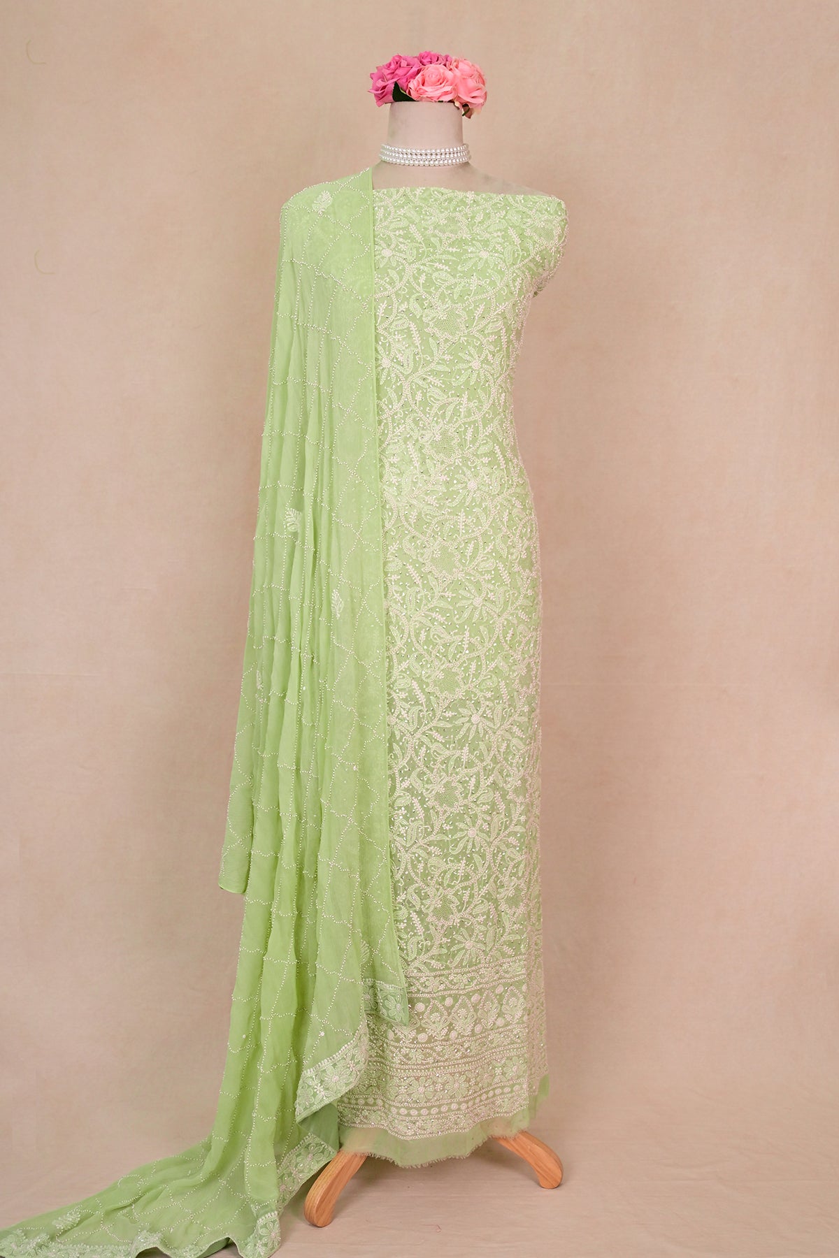 Light Green Crepe Chikankari Suit