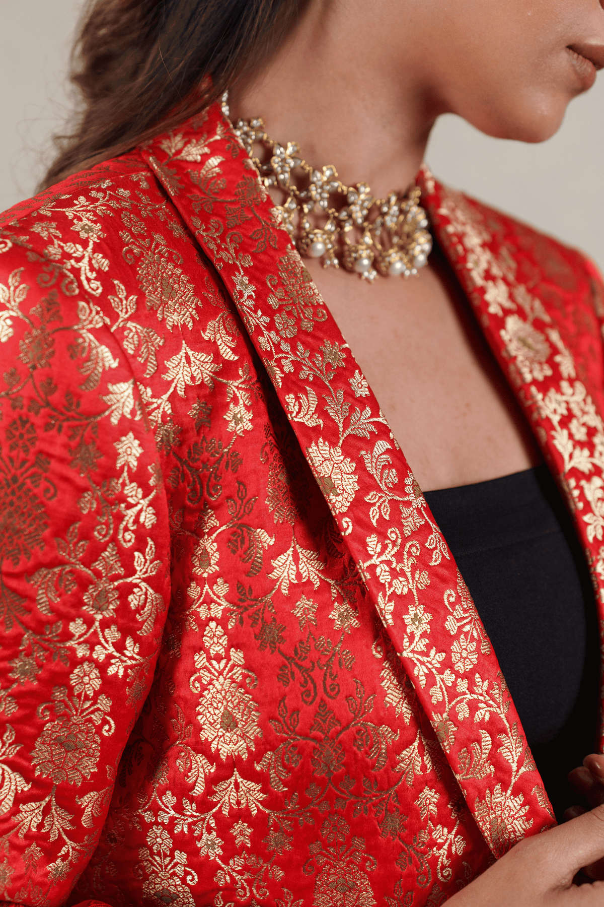 Crimson Red Brocade Silk Banarasi Jacket