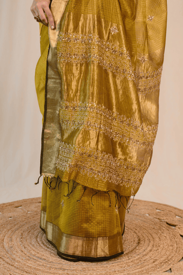 Warm Ochre Maheshwari Silk Zardozi Saree
