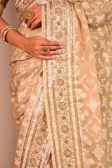 Champagne Gold Tissue Georgette Handcrafted Saree