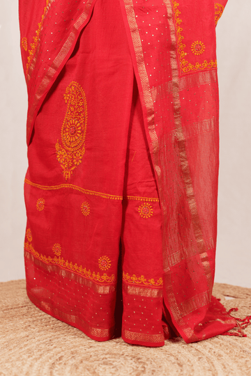 Vermilion Red Maheshwari Silk Chikankari Saree