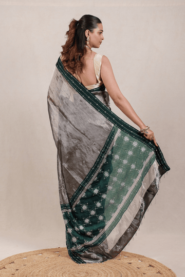Green Antique Bronze Tissue Zardozi Saree