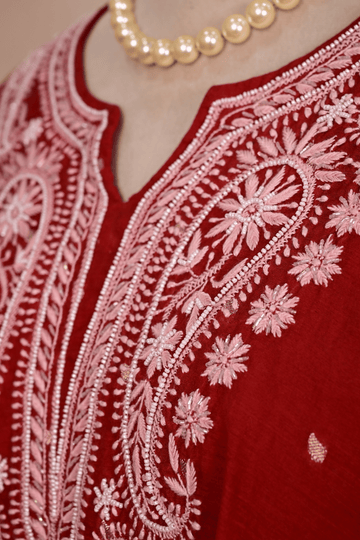 Brick Red Banarasi Chanderi Chikankari Kaftan