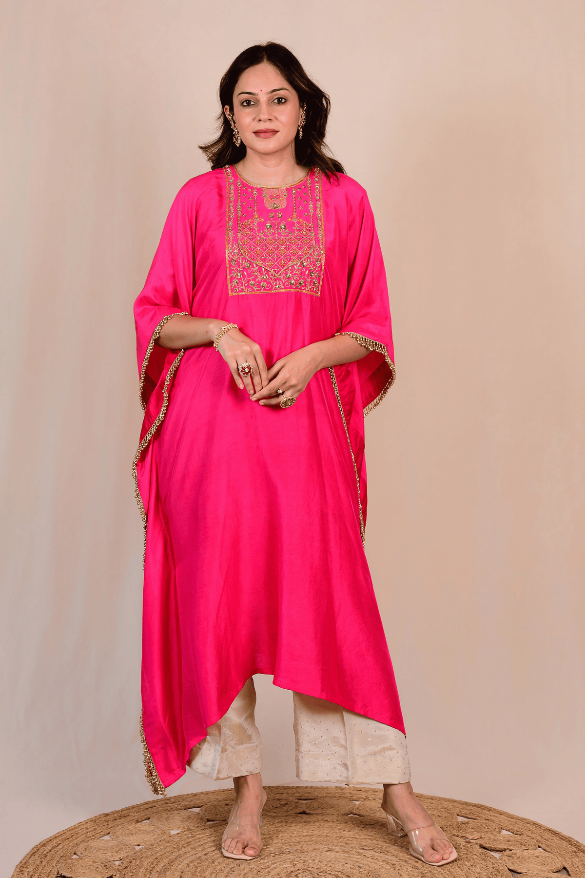 Bright Pink Dupion Silk Zardozi Kaftan