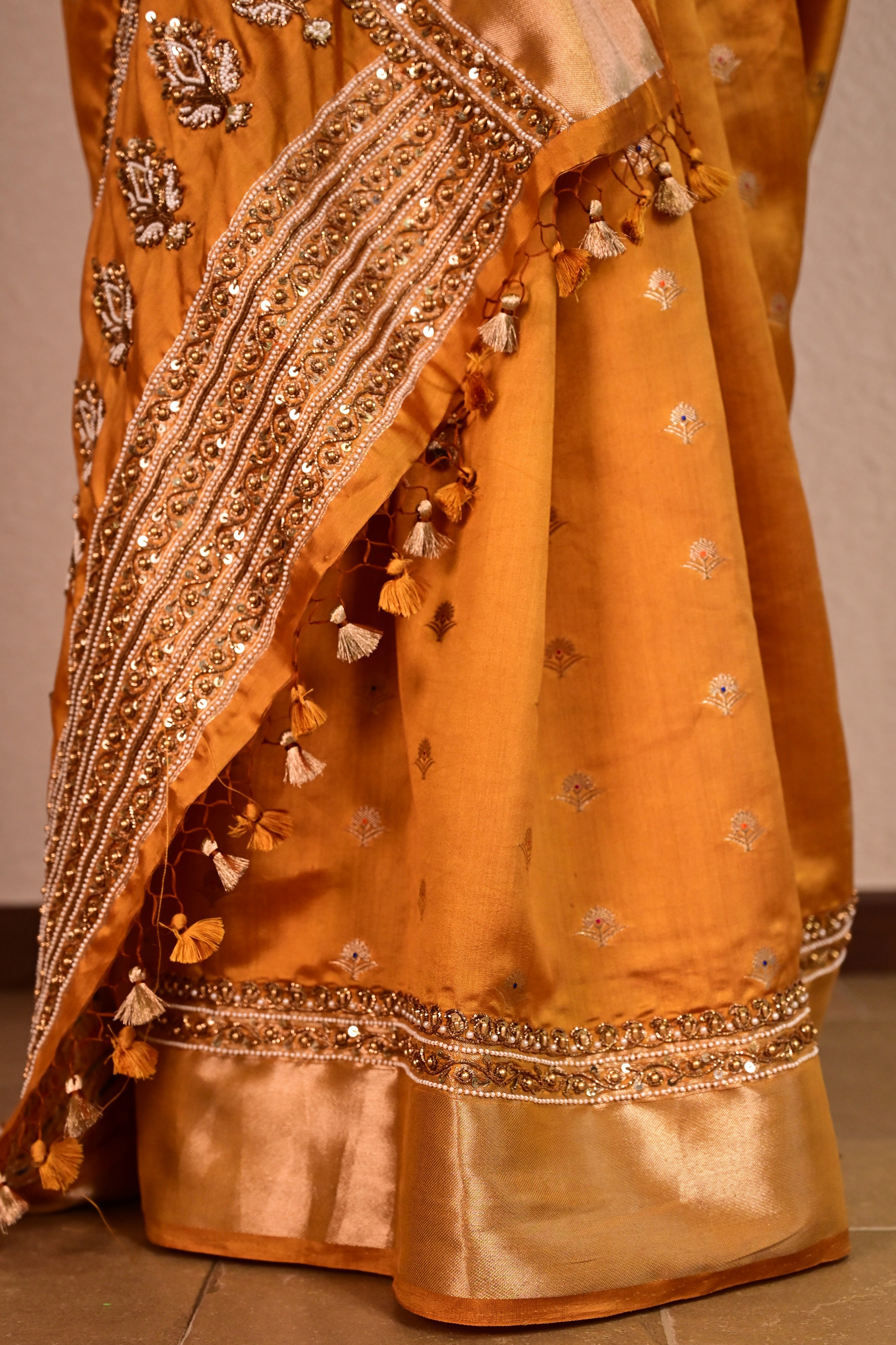 Mustard Yellow Katan Silk Handcrafted Saree