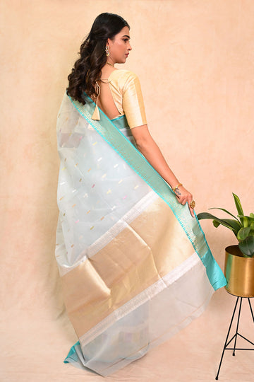 Light Blue Organza Saree with Golden Zari Booti
